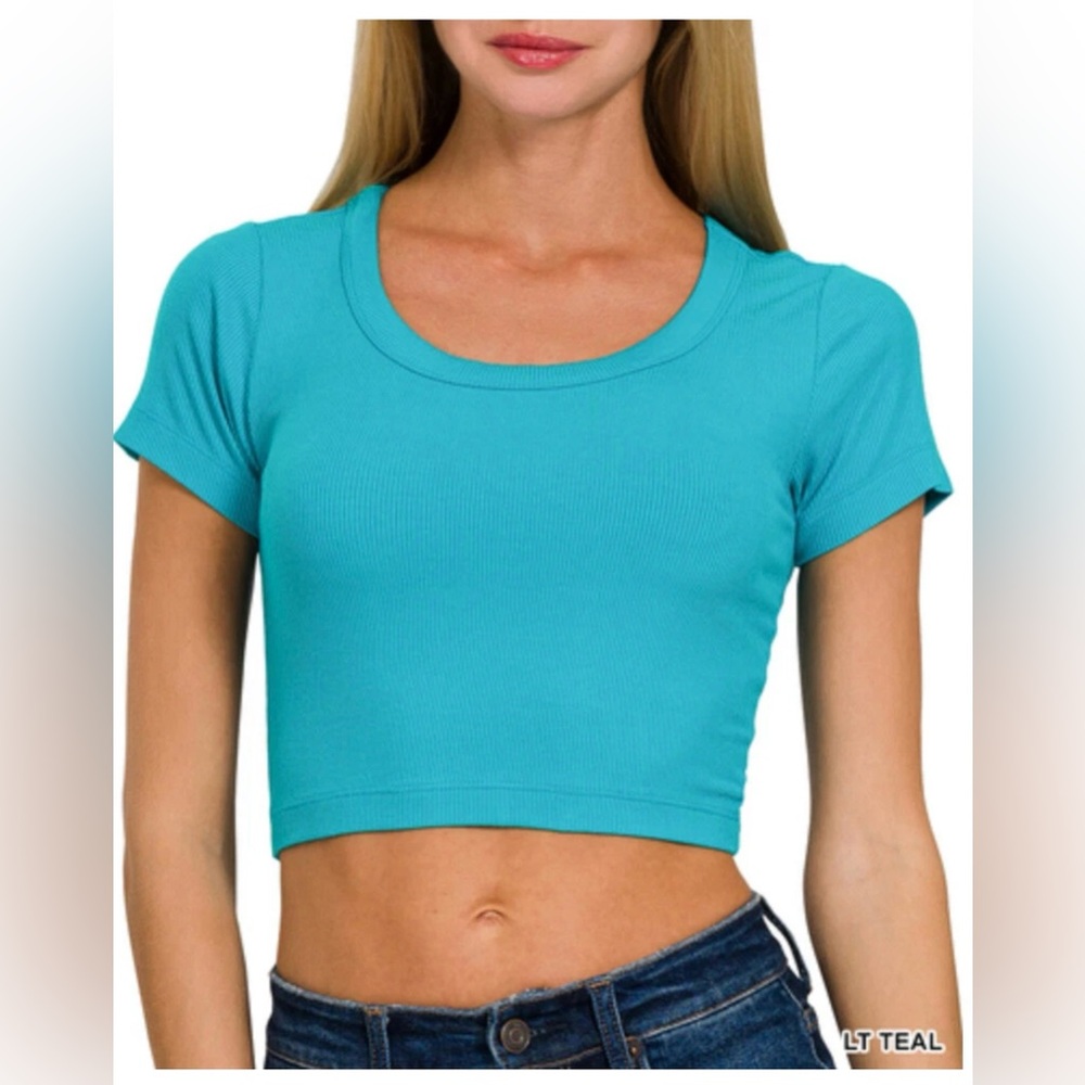 Ribbed Scoop Neck Crop Short Sleeve Top - Light teal S M L